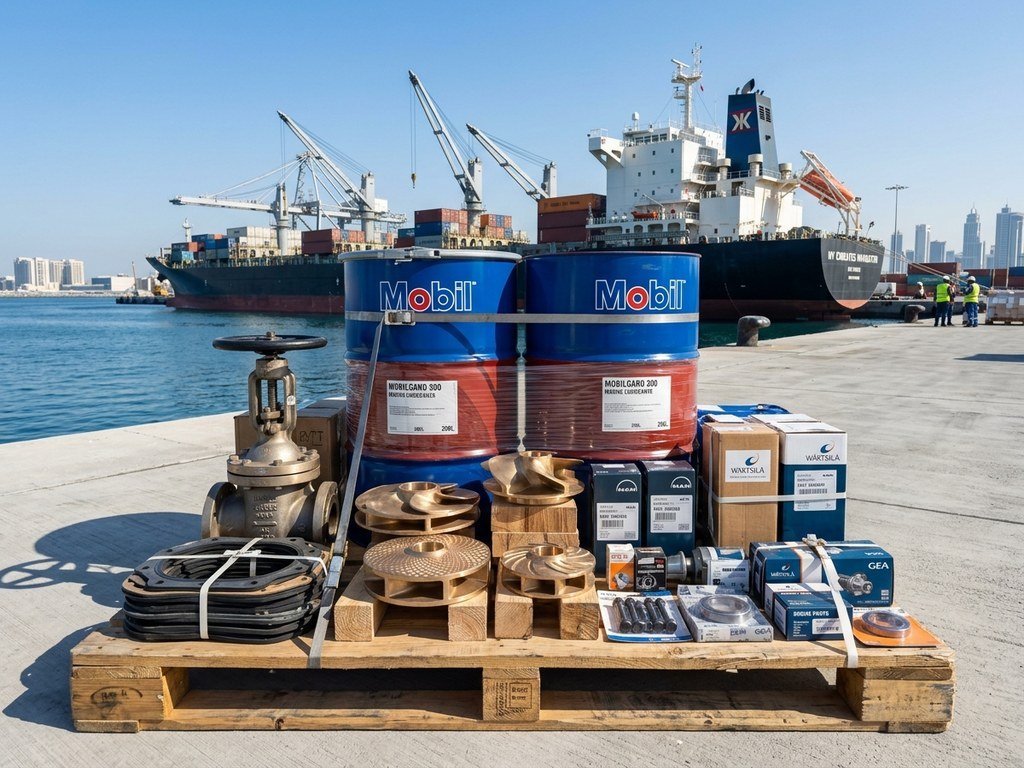 Marine Engine Spare Parts, Mobil Lubricants Drums and Flow Meters