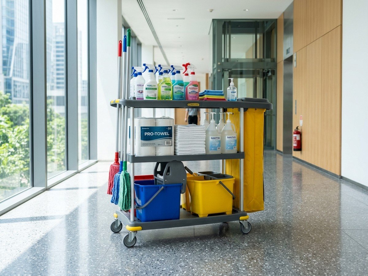 Commercial Cleaning Tools, Trolleys, Cleaning Chemicals and Paper Products
